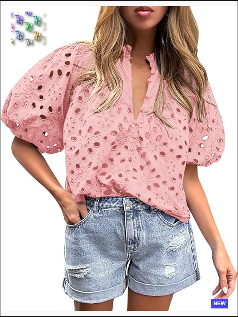 V Neck Lace Embroidered Blouse Dressy Casual Short Sleeve Button Up Summer Tops